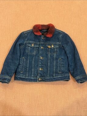 Child / Kids Blue Denim Jacket with Red plaid Sherpa interior & Collar